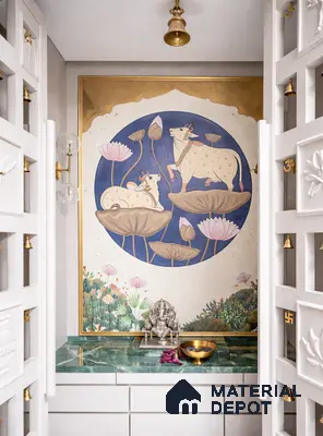 Traditional pooja room with Indian mural wallpaper, white laminate cabinetry, and green marble countertop
