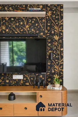 Eclectic TV unit with floral patterned wallpaper and natural wood laminate cabinet