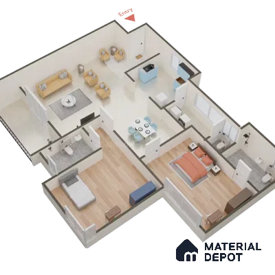 Modern 2BHK apartment with beige tile flooring, wooden flooring in bedrooms, and open plan living-dining layout
