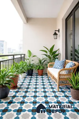 Mediterranean balcony with blue and grey geometric patterned floor tiles and rattan seating