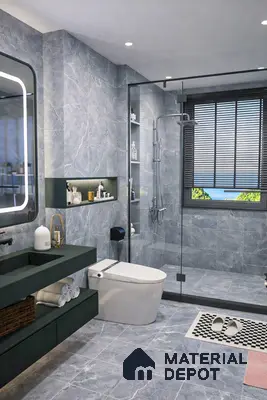 Modern bathroom with grey marble-look tiles and matte black floating vanity