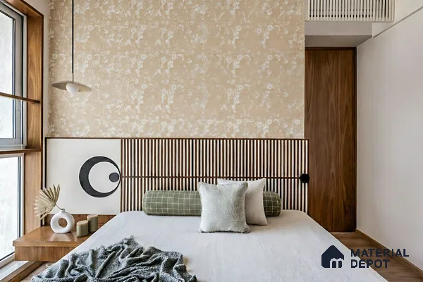 Japandi bedroom with beige floral wallpaper, natural wood louver headboard, and wooden flooring