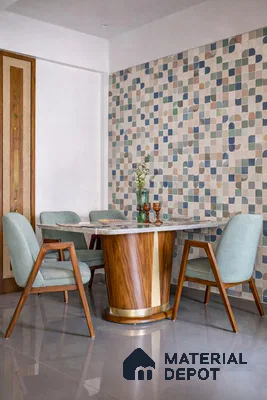 Mid-century modern dining room with geometric patterned wall tiles and walnut wood dining table