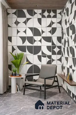 Modern living room with geometric black-and-white wall tiles and grey marble floor tile