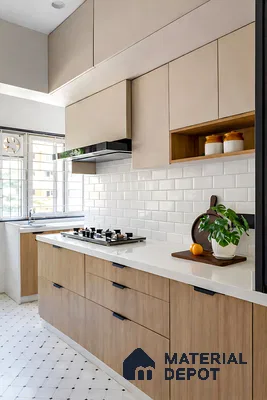 Modern kitchen with beige and light oak laminate, white quartz countertop, and white subway tile backsplash