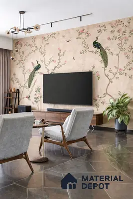 Mid-century modern living room with chinoiserie wallpaper and glossy brown marble floor tiles