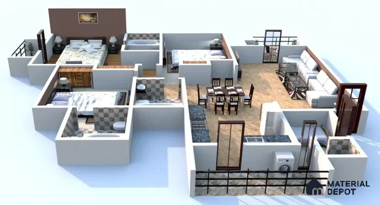 Modern 3BHK apartment layout with wood-look floor tiles, granite kitchen countertop, and checkered bathroom wall tiles