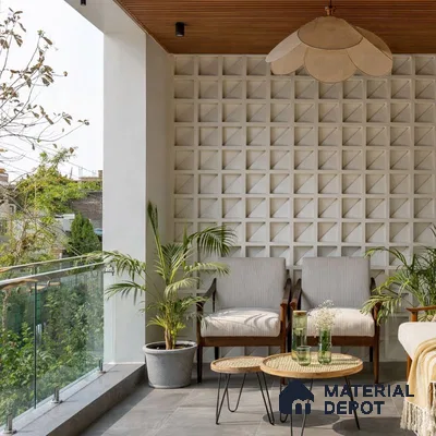Scandinavian balcony with geometric white 3D wall panels, wooden slat ceiling, and grey floor tiles