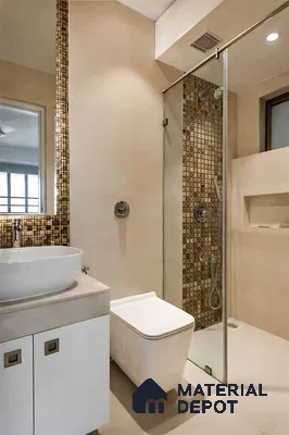 Modern bathroom with beige matte tiles and brown mosaic highlighter wall tiles