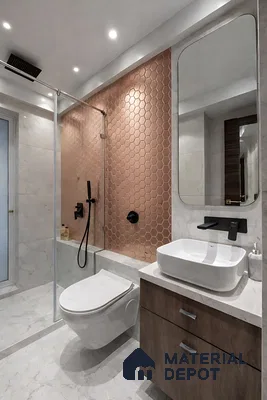 Modern bathroom with copper hexagonal wall tiles and marble-look floor tiles