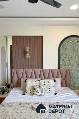 Japandi bedroom with blush suede upholstered bed, fluted wall panel, and chinoiserie floral wallpaper