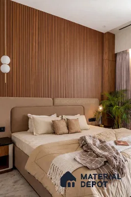 Modern bedroom with walnut brown fluted wood panels and beige suede upholstered bed