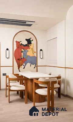 Modern dining room with white marble tabletop, natural wood dining set, and pichwai mural wallpaper