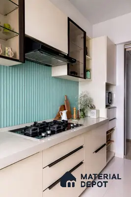 Modern kitchen with pastel aqua kitkat backsplash tile and frosty white laminate cabinets