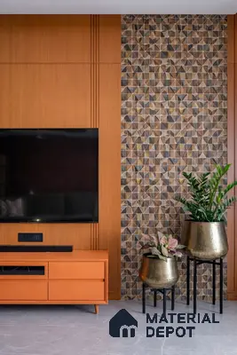 Modern living room with oak wood laminate TV unit and geometric patterned accent wall tile
