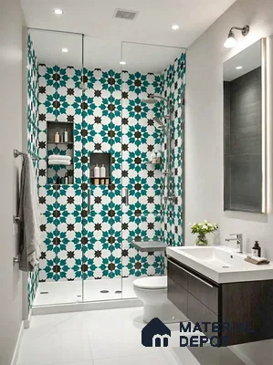 Modern bathroom with teal and black geometric moroccan wall tiles and white floor tiles
