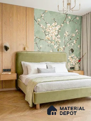 Japandi bedroom with floral wallpaper, natural oak wood panels, and olive green suede upholstered bed