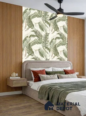 Japandi bedroom with tropical wallpaper, natural wood fluted panels, and suede upholstered bed