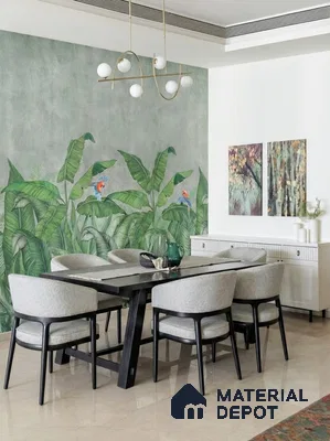 Modern dining room with tropical wallpaper, beige marble floor tile, and black dining table