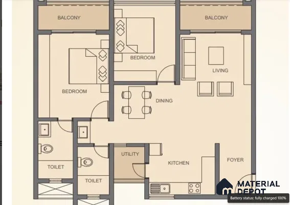 Modern 2BHK apartment floor plan with open living, dining, kitchen, utility, and balcony spaces