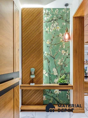 Modern foyer with wood chevron laminate, green floral wallpaper, and marble floor tile