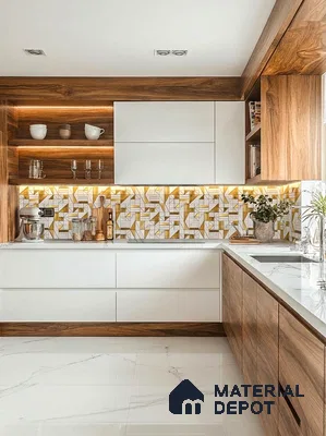 Modern kitchen with walnut wood laminate, white marble countertop, and geometric gold patterned backsplash tile