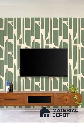 Mid-century modern TV unit with geometric green wallpaper and walnut wood laminate cabinet
