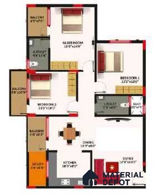 Modern apartment floor plan with modular kitchen, dining, living, and bedrooms in 3 BHK apartment SLV Parkview Apartment Bengaluru