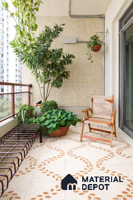 Modern balcony with beige patterned floor tiles and mosaic wall tiles in 3 BHK apartment SLV Parkview Apartment Bengaluru