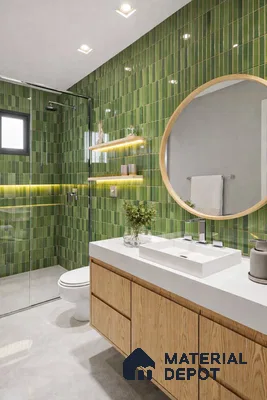 Modern bathroom with green kitkat subway wall tiles, white quartz countertop, and oak wood vanity in 3 BHK apartment SLV Parkview Apartment Bengaluru