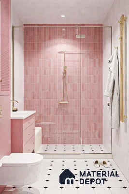 Modern bathroom with pink vertical subway wall tiles and white geometric floor tiles in 3 BHK apartment SLV Parkview Apartment Bengaluru