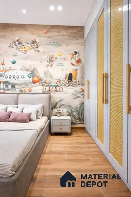 Modern kids room with space-themed mural wallpaper, light grey wardrobe with cane panels, and natural wood flooring in 3 BHK apartment SLV Parkview Apartment Bengaluru