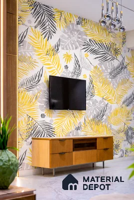 Modern living room with yellow and grey tropical wallpaper and oak wood TV console in 3 BHK apartment SLV Parkview Apartment Bengaluru