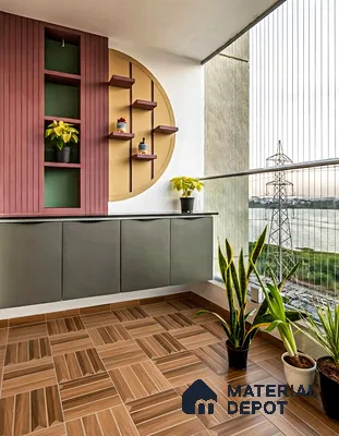 Modern balcony with wood-look floor tiles, pastel fluted wall panels, and matte grey laminate storage of 3 BHK apartment in SLV Suhas Celestia Jalahalli Bengaluru