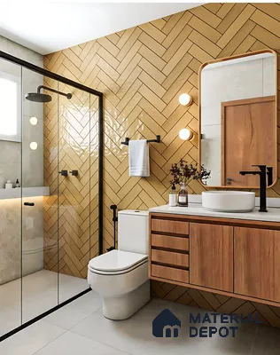 Modern bathroom with herringbone beige wall tiles, wooden vanity, and matte grey floor tiles of 3 BHK apartment in SLV Suhas Celestia Jalahalli Bengaluru