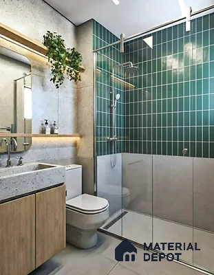 Modern bathroom with green vertical subway wall tiles, terrazzo countertop, and light wood vanity of 3 BHK apartment in SLV Suhas Celestia Jalahalli Bengaluru