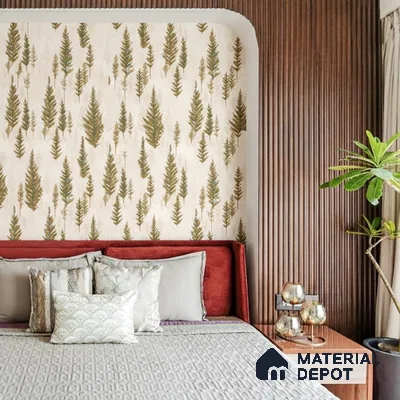Modern bedroom with botanical wallpaper and walnut brown fluted wall panels of 3 BHK apartment in SLV Suhas Celestia Jalahalli Bengaluru