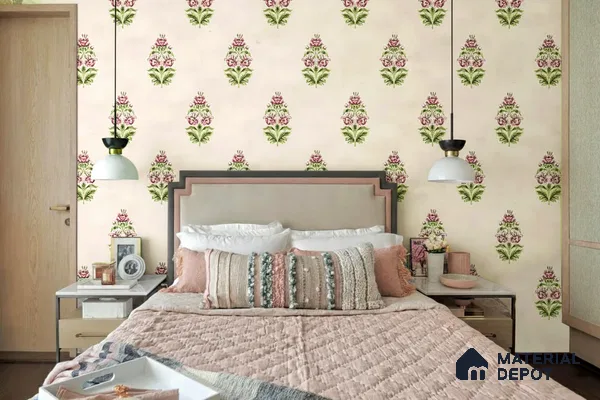 Bohemian bedroom with floral patterned wallpaper and blush pink bedding of 3 BHK apartment in SLV Suhas Celestia Jalahalli Bengaluru