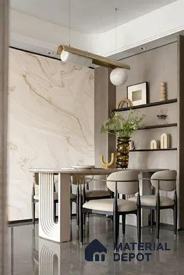 Modern dining room with beige marble-look wall panel and glossy grey floor tile of 3 BHK apartment in SLV Suhas Celestia Jalahalli Bengaluru