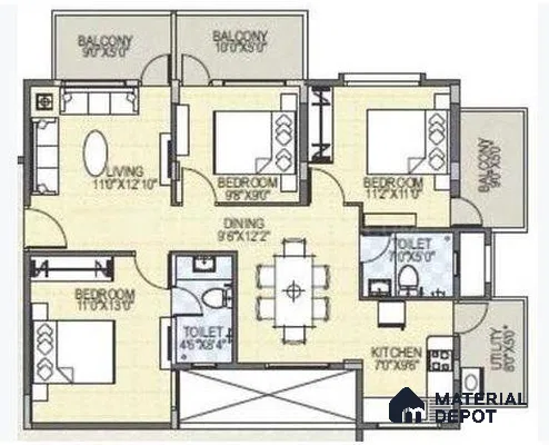 Modern 3BHK apartment floor plan with open living, dining, kitchen, and multiple balconies of 3 BHK apartment in SLV Suhas Celestia Jalahalli Bengaluru