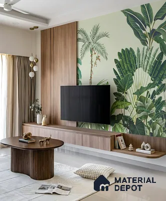 Modern living room with tropical wallpaper, walnut wood laminate TV unit, and fluted wood coffee table of 3 BHK apartment in SLV Suhas Celestia Jalahalli Bengaluru