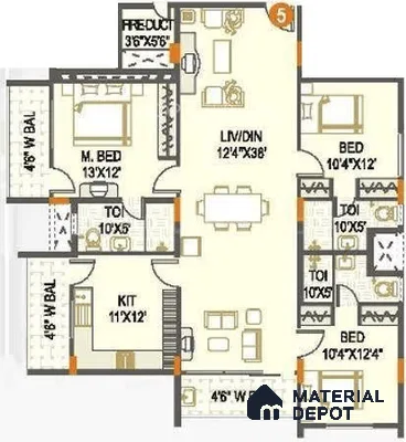 Modern 3BHK apartment floor plan with open living-dining, modular kitchen, and attached balconies of 3 BHK apartment in SMR Vinay Endeavour Hoodi Bengaluru