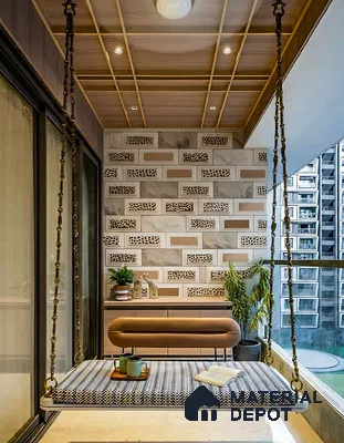 Modern balcony with wooden ceiling grid, patterned jali wall tiles, and contemporary swing seat of 3 BHK apartment in SMR Vinay Endeavour Hoodi Bengaluru