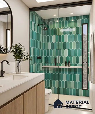 Modern bathroom with teal scallop wall tiles, white quartz countertop, and light wood vanity of 3 BHK apartment in SMR Vinay Endeavour Hoodi Bengaluru