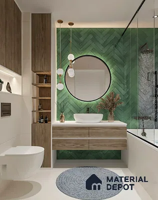 Modern bathroom with green herringbone subway wall tiles and wood finish floating vanity of 3 BHK apartment in SMR Vinay Endeavour Hoodi Bengaluru