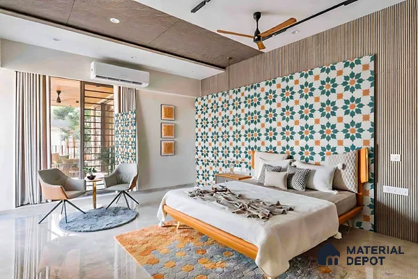 Modern bedroom with geometric patterned wallpaper accent wall and wood slat panels of 3 BHK apartment in SMR Vinay Endeavour Hoodi Bengaluru