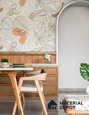 Scandinavian dining room with natural wood furniture and botanical patterned wallpaper of 3 BHK apartment in SMR Vinay Endeavour Hoodi Bengaluru