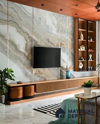 Modern living room with marble-look laminate TV wall, walnut wood louver cabinet, and marble floor tile of 3 BHK apartment in SMR Vinay Endeavour Hoodi Bengaluru