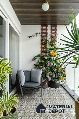 Eclectic balcony with patterned moroccan floor tiles and wooden ceiling panels of 3 BHK apartment in SMR Vinay Galaxy Hoodi Bengaluru