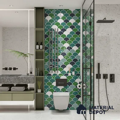 Modern bathroom with green and blue fish scale wall tiles, terrazzo countertop, and matte black fixtures of 3 BHK apartment in SMR Vinay Galaxy Hoodi Bengaluru